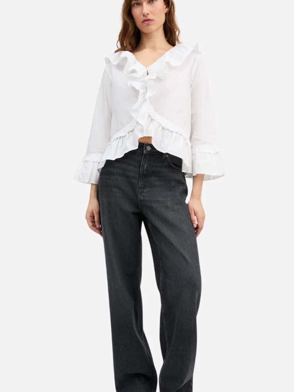 White Ruffle V-Neck Blouse with Flared Sleeves